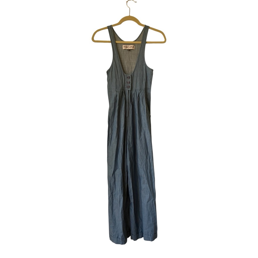 Kurt Lyle Blue Chambray Wide Leg Jumpsuit V-Neck Button Front XS - Picture 3 of 5